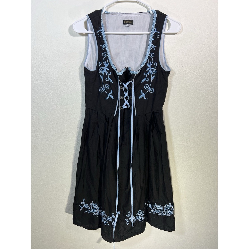 GloryStar Black Bavarian Oktoberfest Dress M Embroidered Lace Up Sleeveless